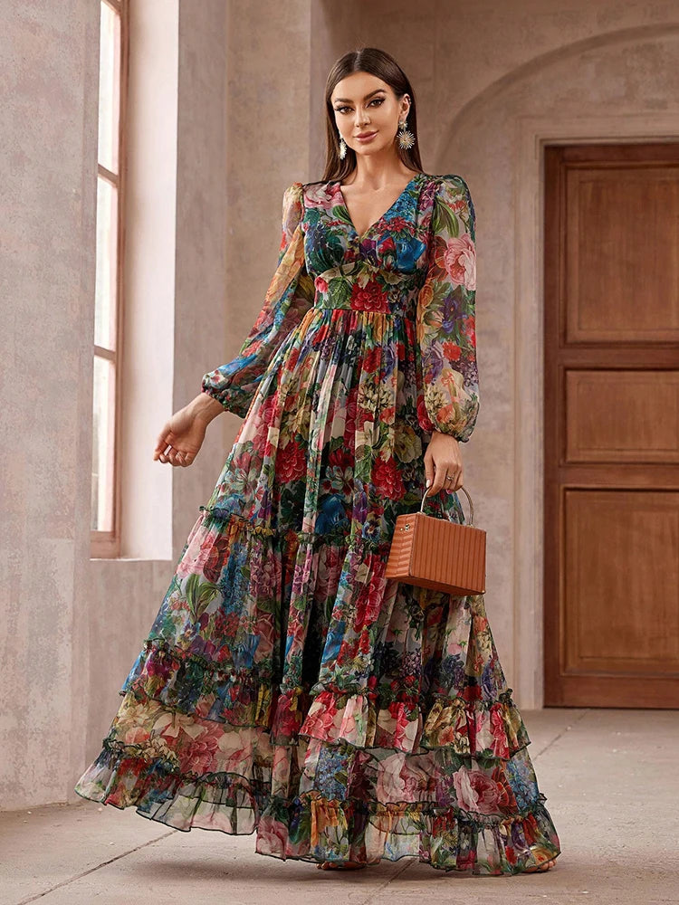 Casual Elegant Boho Floral Print Long Sleeve Frill Trim Maxi Dress