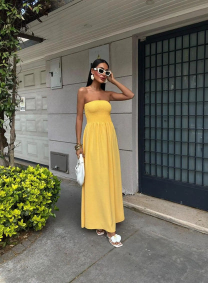 Off-Shoulder Strapless Waist-Cinching Long Dress