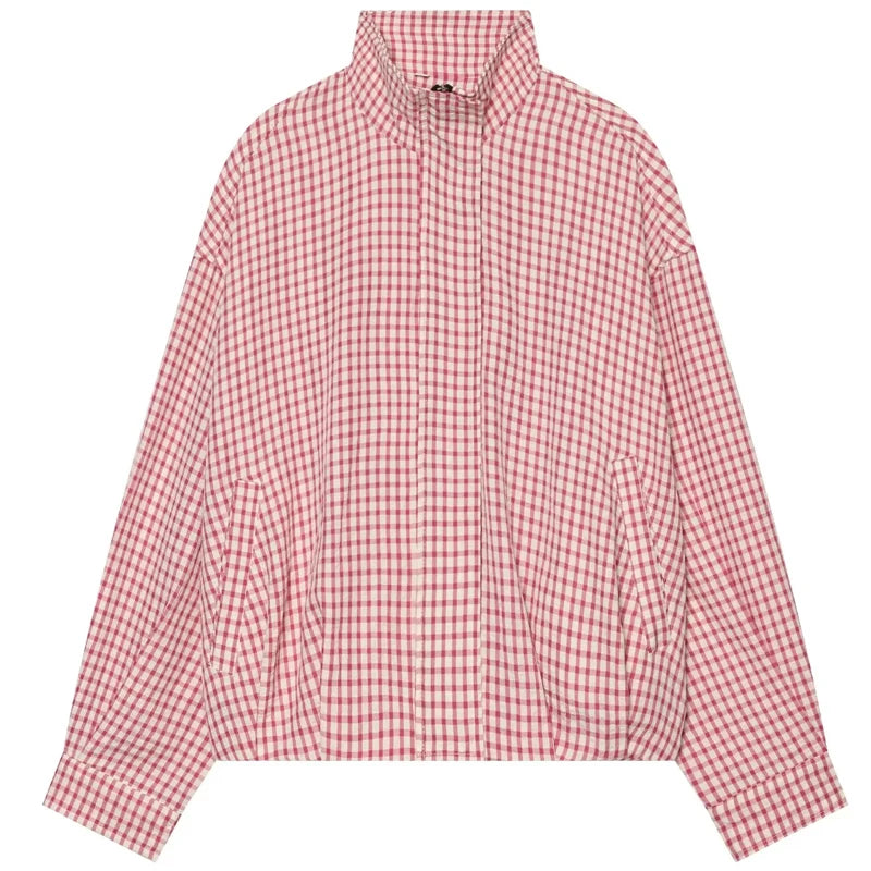 Plaid Bomber Oversized Long Sleeve Top Casual Zipper Jacket