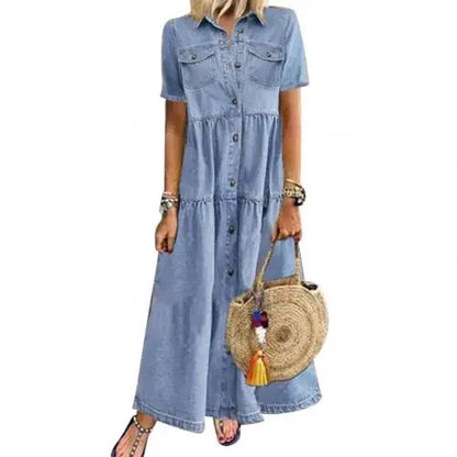 Short Sleeve Button Long Loose Dress