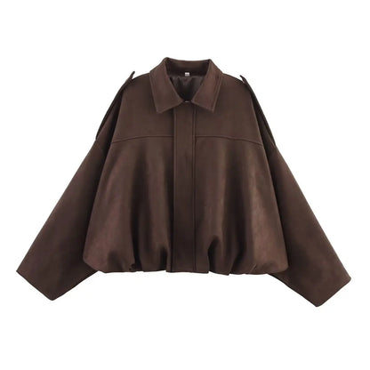 Suede Bomber Long Sleeve Zipper Oversize Solid Bomber Coat Jacket