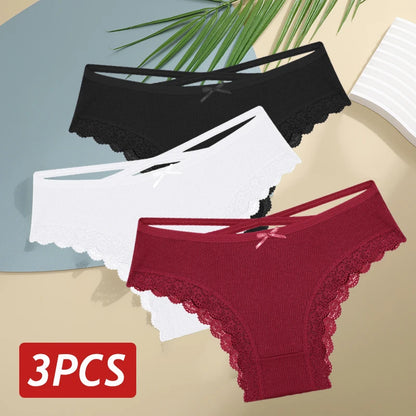 3PCS/Set Cotton Sexy Low Rise Lace Brazilian Panties S-XL