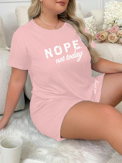 Letters Print Short Sleeve Tee And Elastic Shorts Plus Size Fit Pajama Set