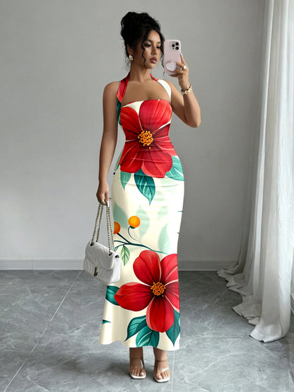 Hip-Hugging Sleeveless Long Collar Flowing Dress
