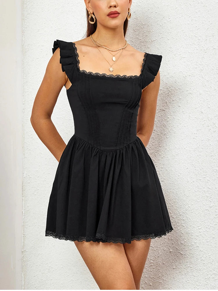 Sexy Square-neck Mini Y2K Elegant Ruffles Sleeveless Slim Dress