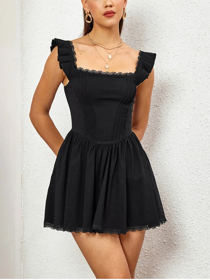 Sexy Square-neck Mini Y2K Elegant Ruffles Sleeveless Slim Dress