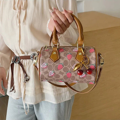 Crossbody Cherry Pattern PU Leather Boston Handbag Shoulder Bags