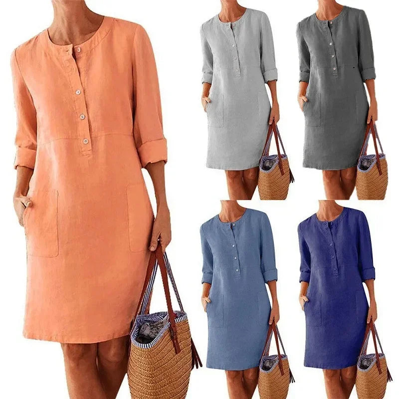 Long Sleeve Cotton And Linen Tunic Dress