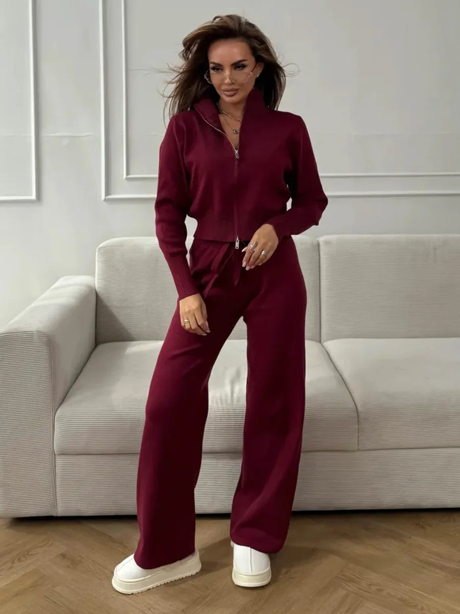 Knit Zip Up Cardigan Wide Leg Soft Fabric Cropped Sets