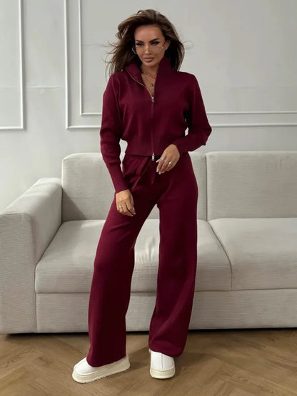Knit Zip Up Cardigan Wide Leg Soft Fabric Cropped Sets