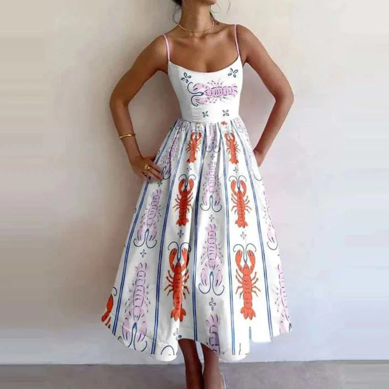 Print Suspenders Blue Ocean Fish Pattern Sexy Long dress
