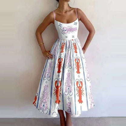 Print Suspenders Blue Ocean Fish Pattern Sexy Long dress