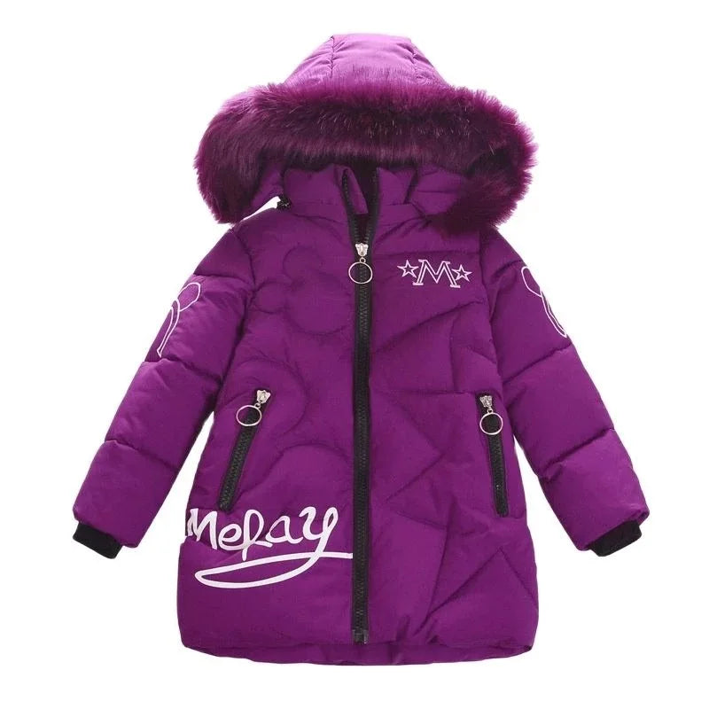 3-12 Years Winter Long Style Letter Velvet Hooded Thick Coat