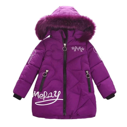 3-12 Years Winter Long Style Letter Velvet Hooded Thick Coat
