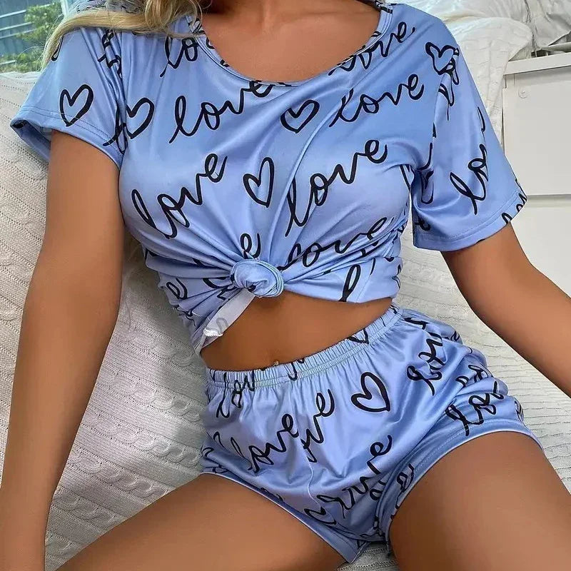Short Sleeve Nightwear Cartoon Print Pyjamas Set