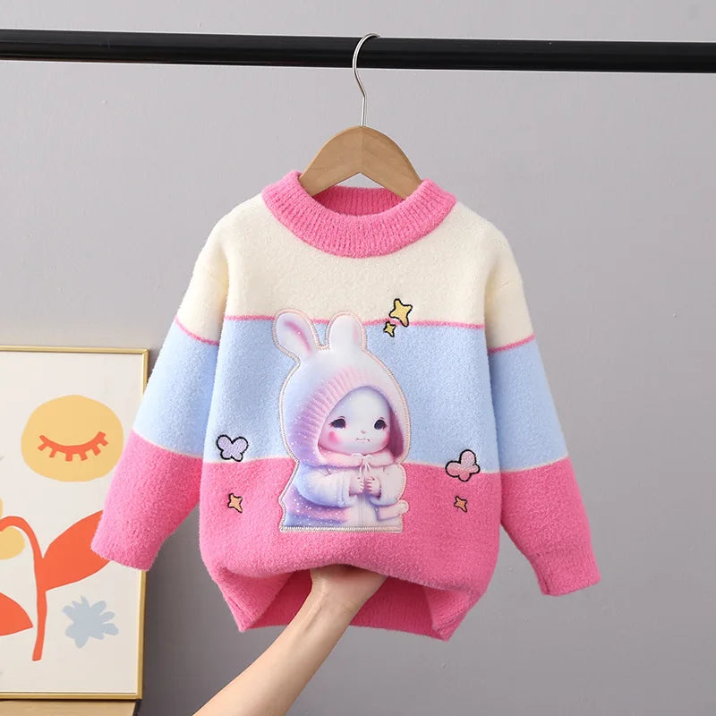 Autumn Winter Fluff Pullover Sweater Thickend Cartoon Rabbit O-Neck Full Sleeve