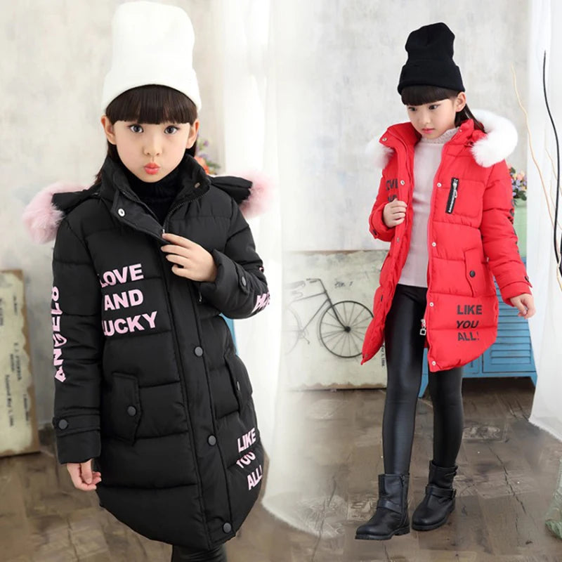 2 6 8 12 Years Teenage Girls Winter Warm Parkas Fur Hooded Thick Jackets