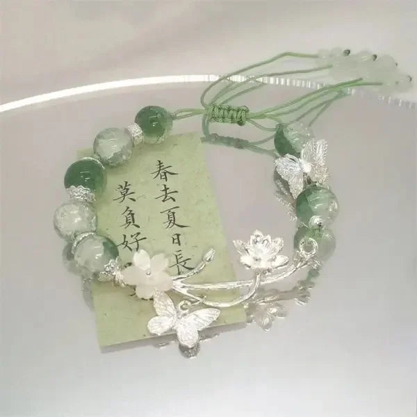 Fairy Butterfly Green Bead Tassels Chain Bracelet