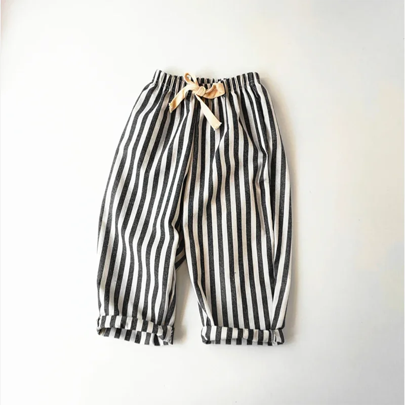 Retro Hemp Cotton Striped Casual Elastic Waist Pants