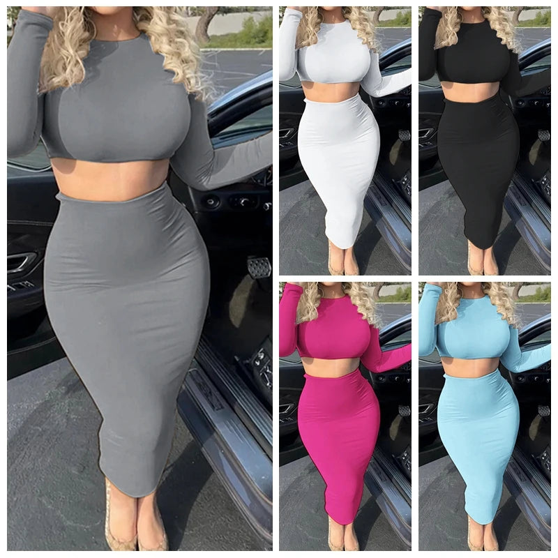 Long Sleeve Mid Calf Skirt Suit Set