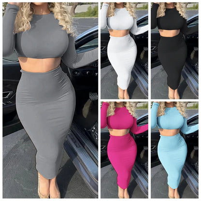 Long Sleeve Mid Calf Skirt Suit Set