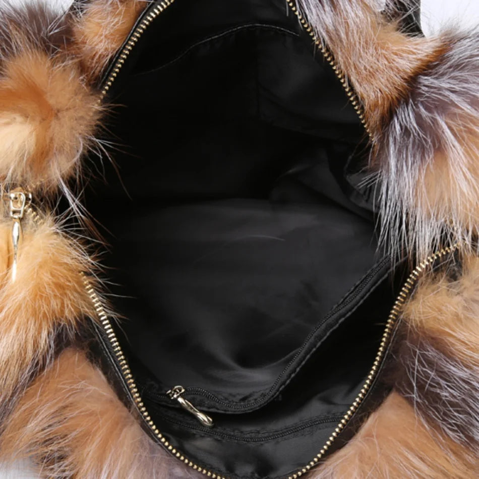 Real Fox Fur Large Size Plush Crossbody Luxury Handbags Fluffy Tote Bag