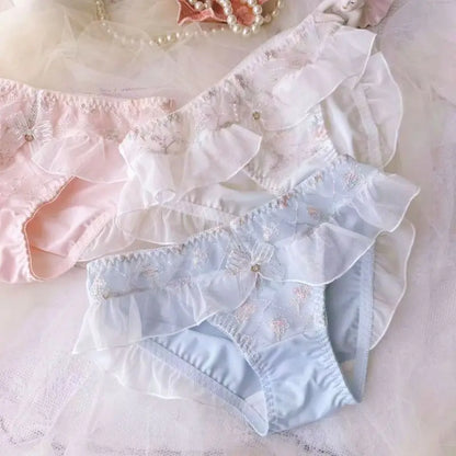 Milk Silk Smooth Soft Flower Embroidery Luxury Advanced Ruffles Underwear