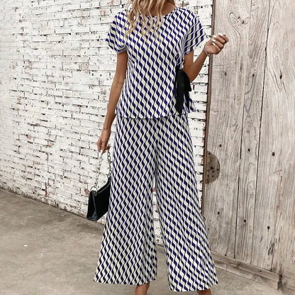 Geometric Wave Print Short Sleeve Tie Slit Wide Leg Pants Set