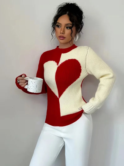 Colour-Block Heart Pattern Knitted Round Neck Long-Sleeve Casual Sweaters