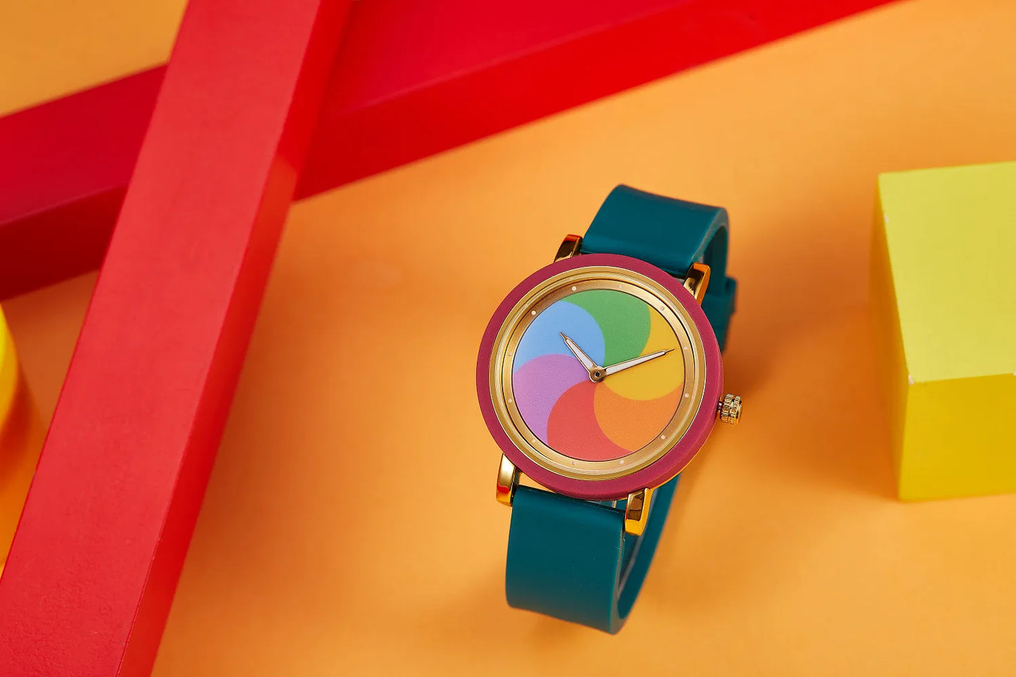 Rainbow rotating dial silicone strap watch