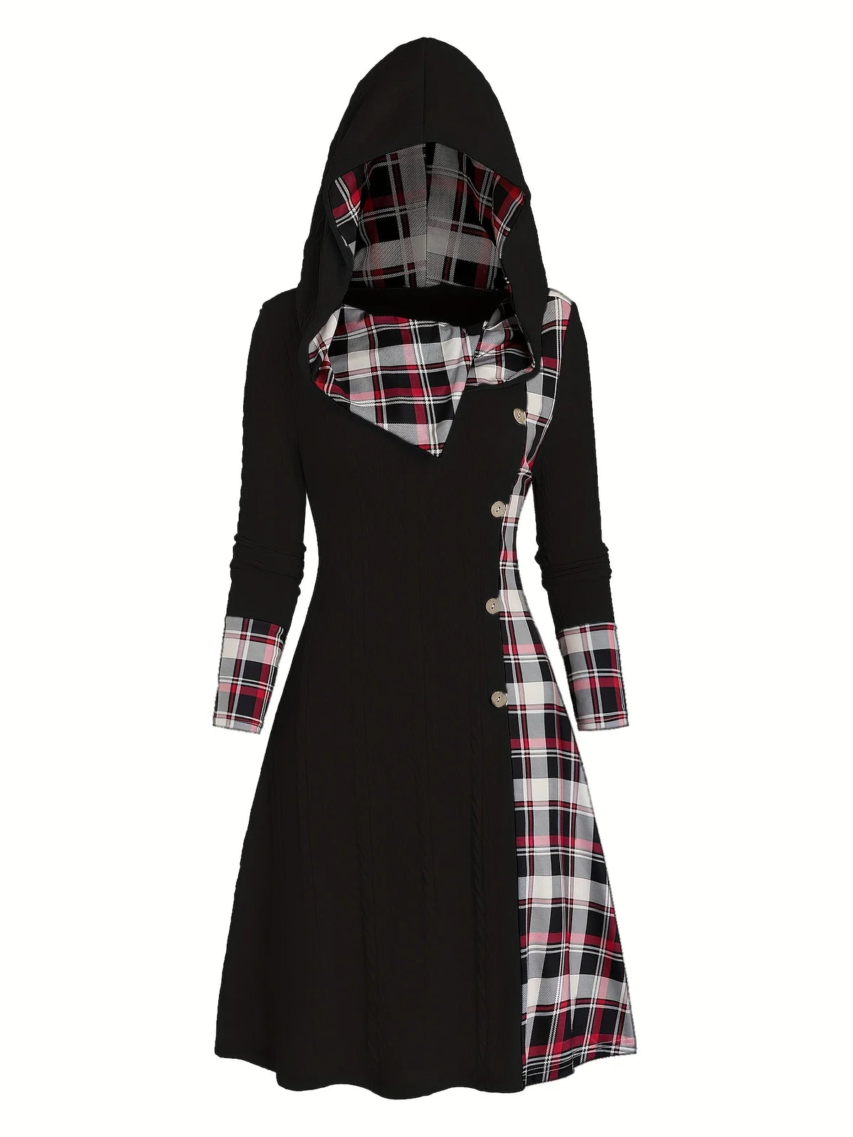 Knitted hooded plaid print stitching fake buckle high waist long sleeve dress