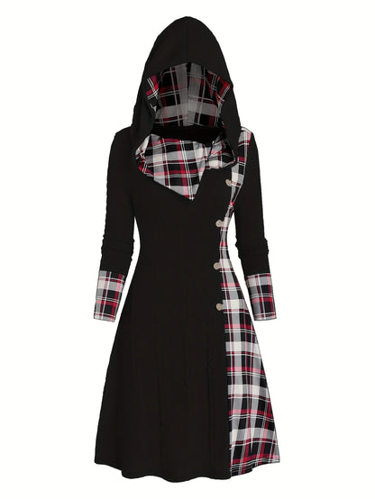 Knitted hooded plaid print stitching fake buckle high waist long sleeve dress