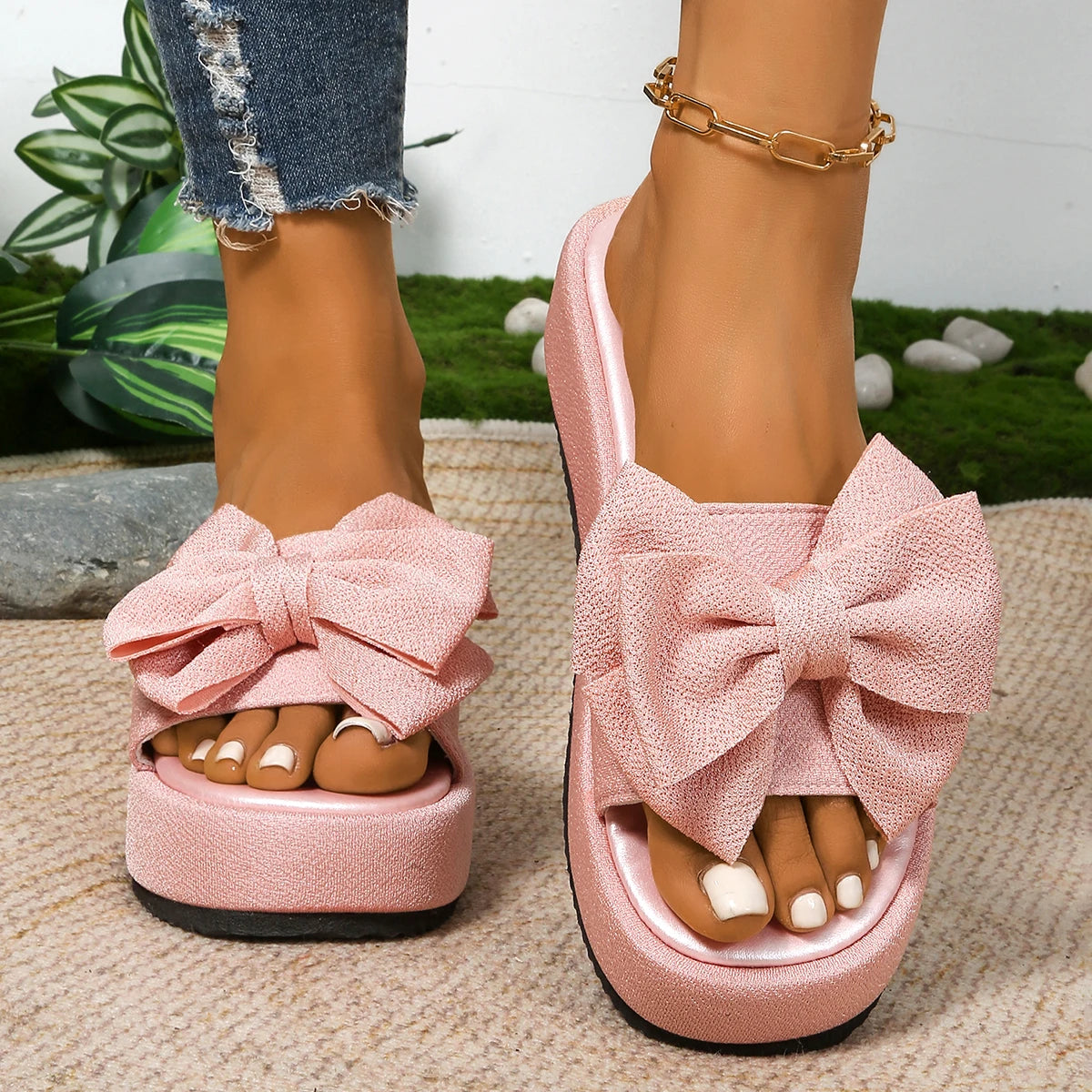 Round Head Bow Fish Mouth Thick-soled Light Slippers