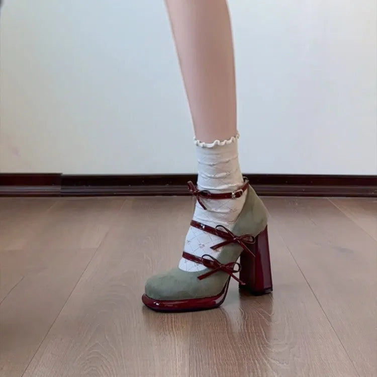 Elegant Bow Chunky Heel Mary Jane High Heels Shoes