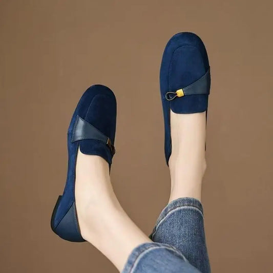 British Style Suede Square Toe Loafers Metal Decor Low Heel Pumps Shoes