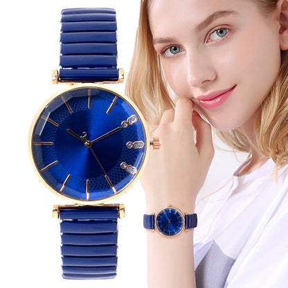 Luxury Treasure Blue Crystal Quartz Casual Stainless Steel Stretch Strap Watch