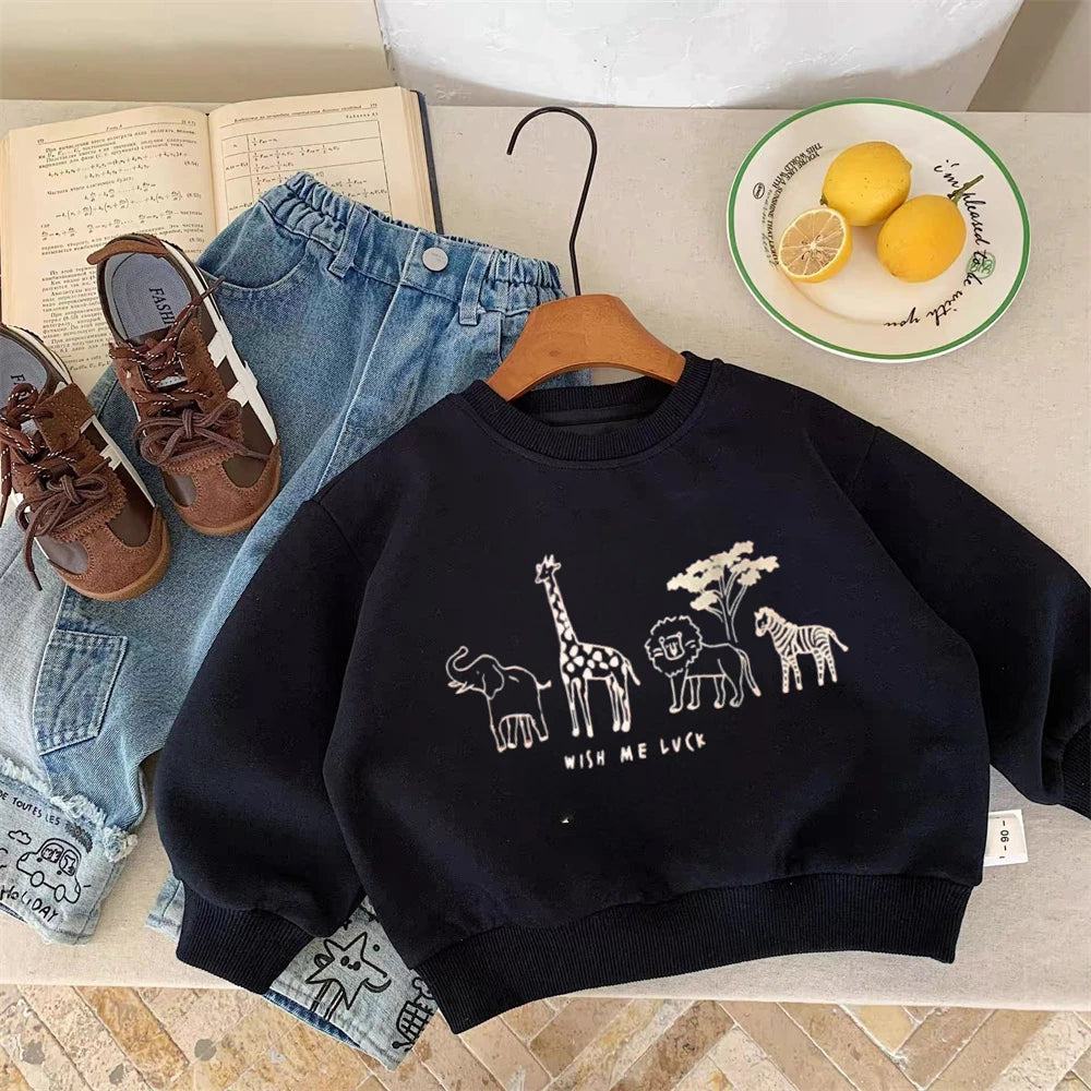 Spring/Autumn Cartoon Animals Print Long Sleeve Round Neck Hoodie