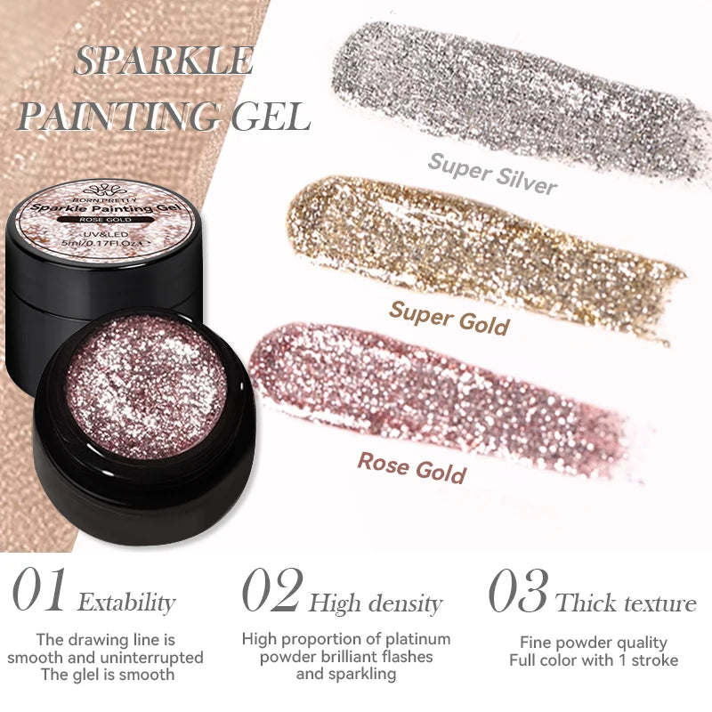 5ml Super Sparkling Painting Gel Nail Polish Platinum Silver Gold Rose Glitter