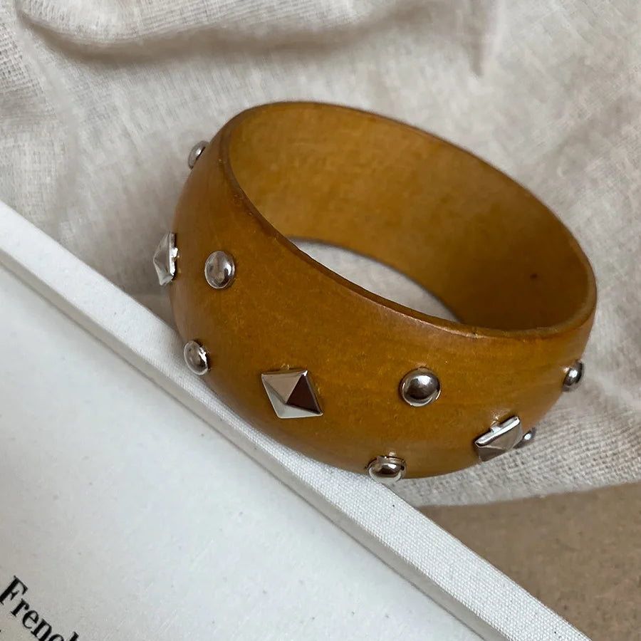 Natural Wooden Square Round Hip Hop  Rivet Beads Wide Bangles Bracelet