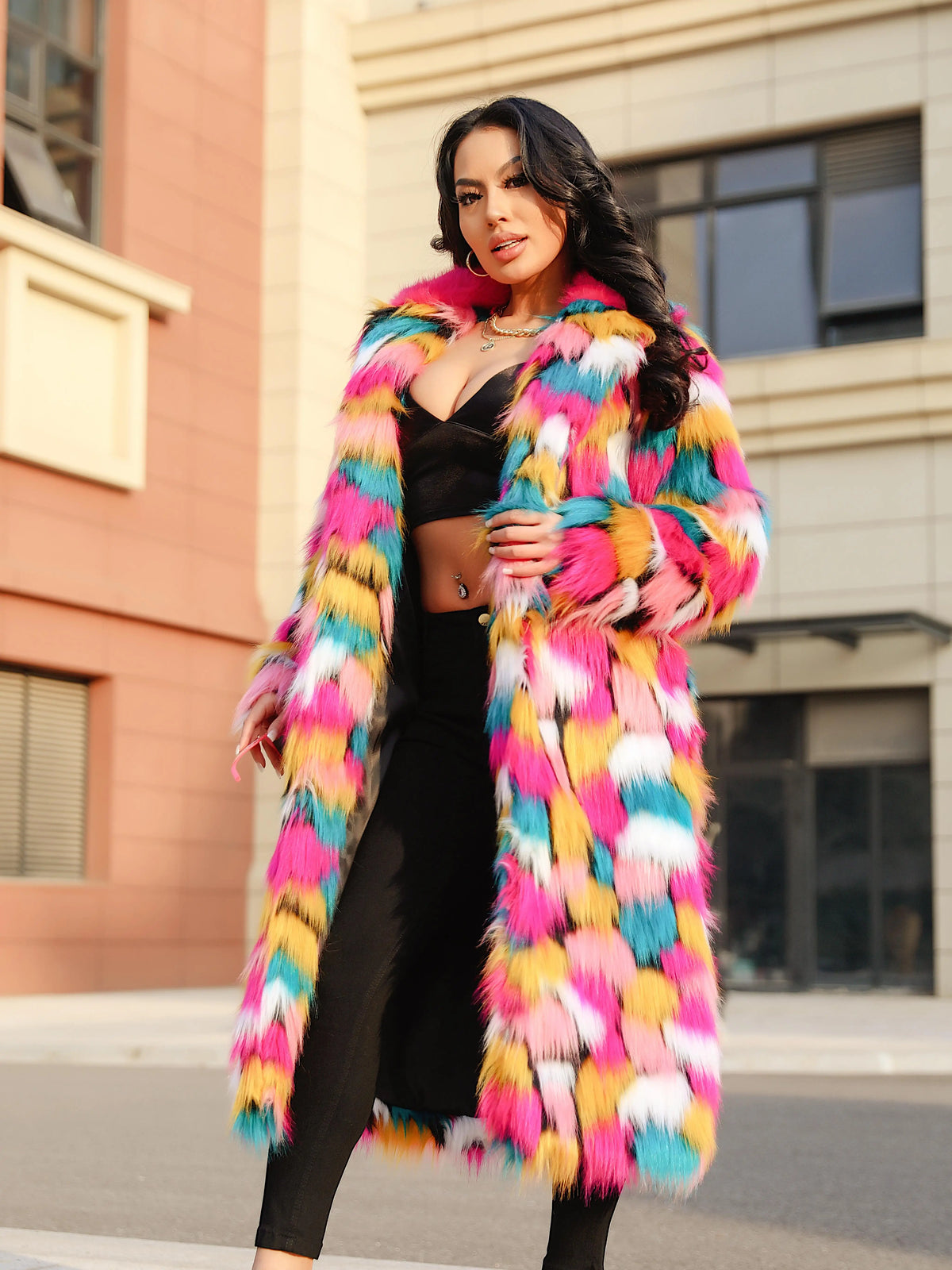 Elegant Faux Fur Rainbow Long Artificial Turf Coat