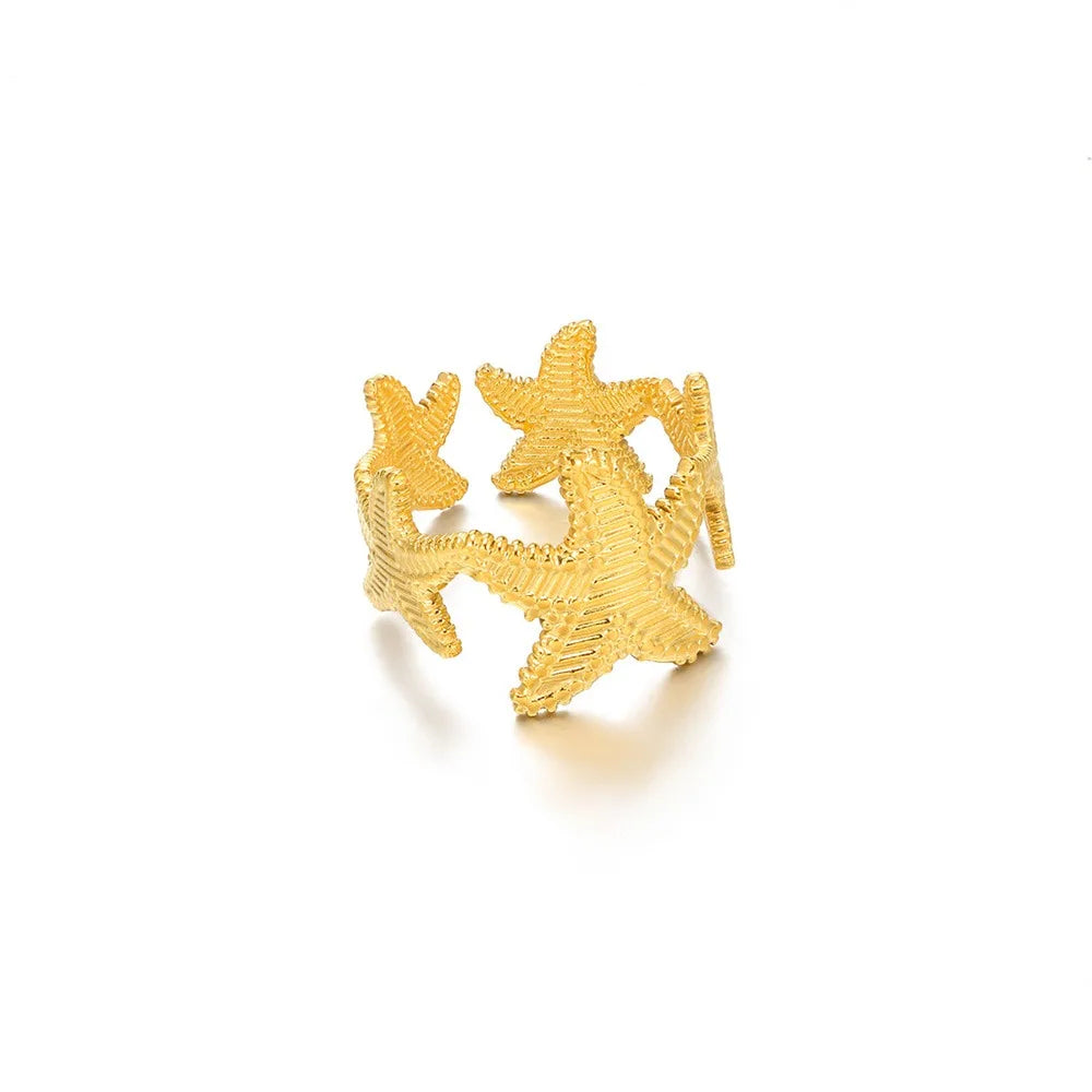 Stainless Steel Starfish Open Rings Gold Geometric Adjustable Ring