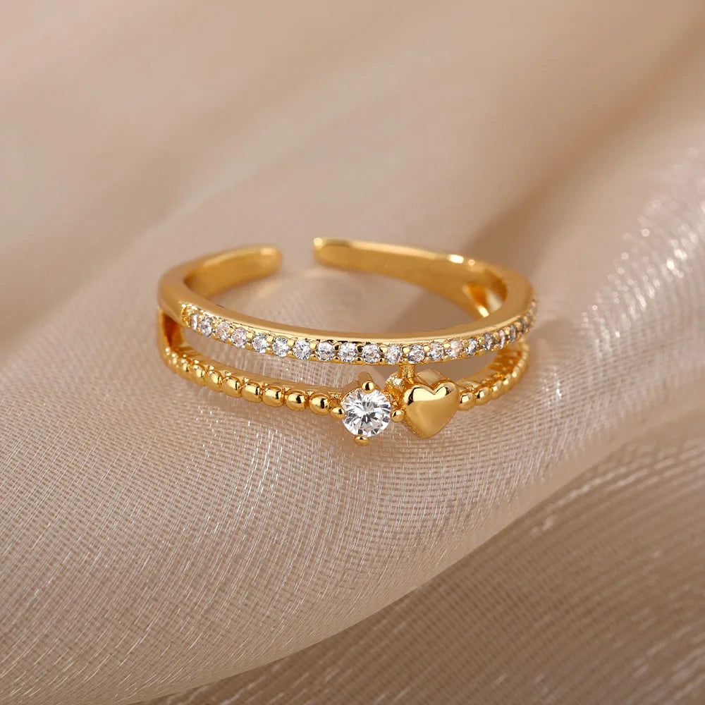 Chain Hollow Out Gold Stainless Steel Zircon Cross Ring