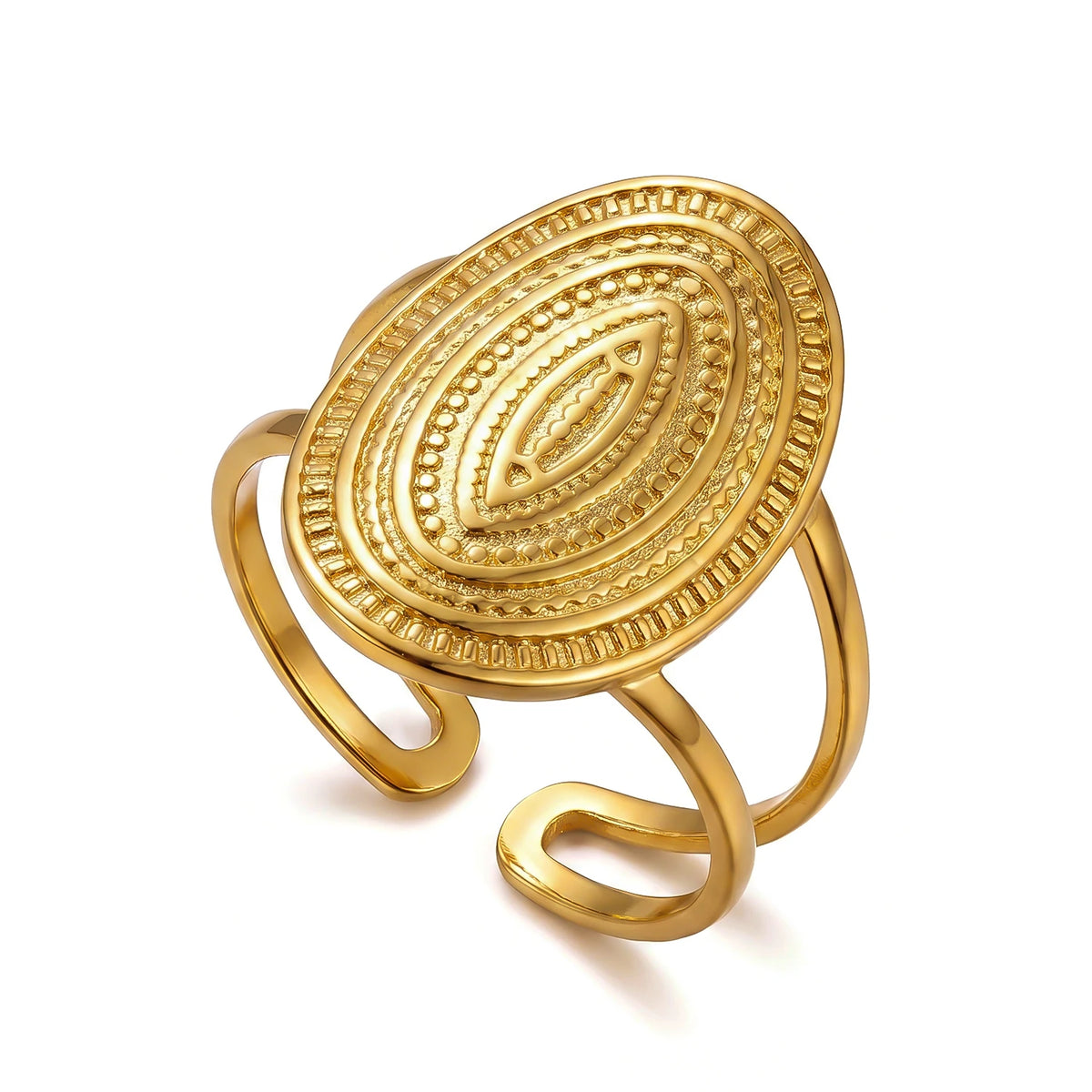 PVD Plated Stainless Steel Open Vintage Sun Leaf Shell Geometric Cuff Ring Set