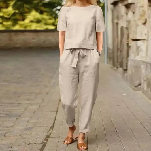 Cotton Linen Half-sleeved Wide-leg Suit