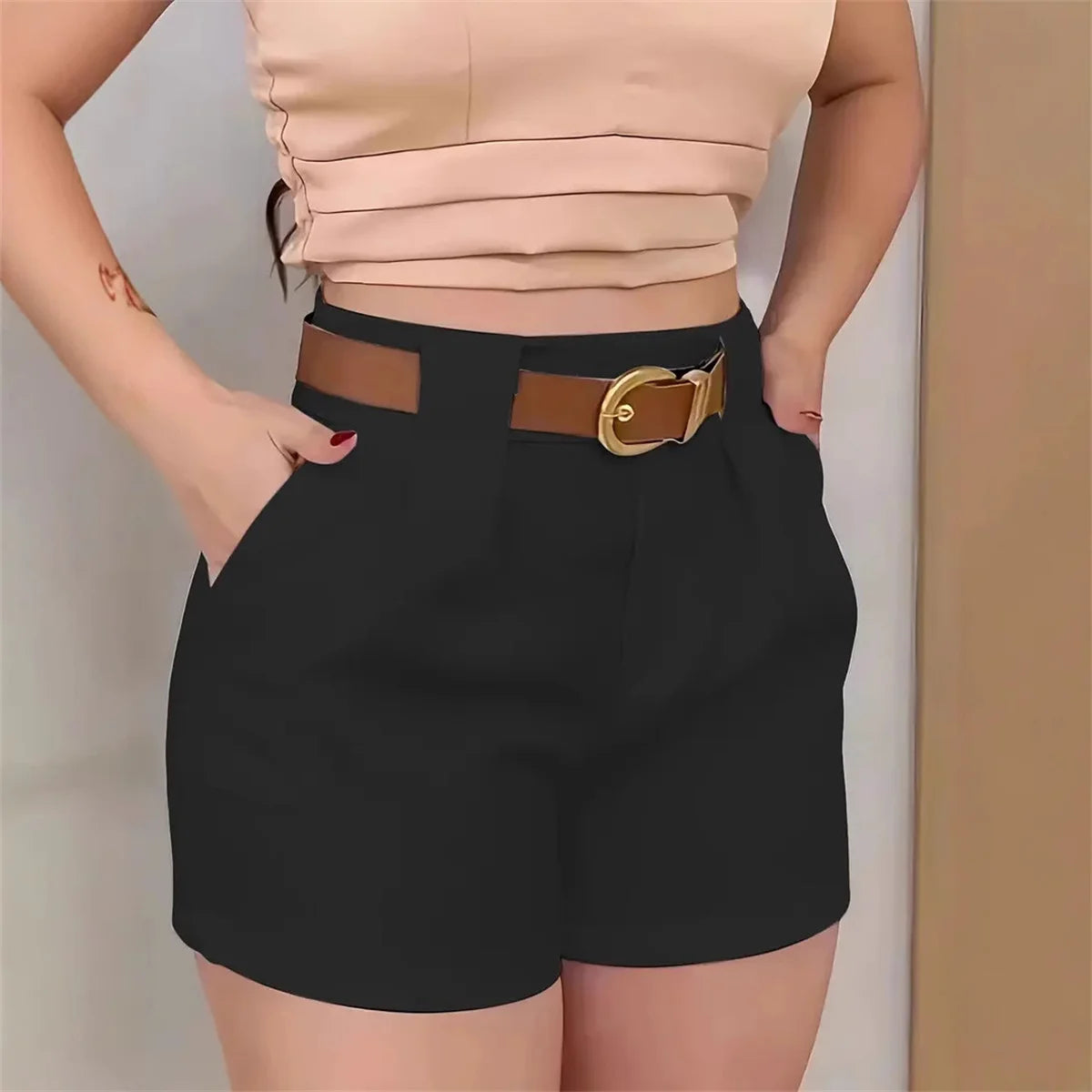 High Waist Pocket Belt Elegant Casual Street Short