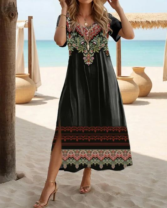 Ethnic Bohemian floral print short-sleeved large-size dress