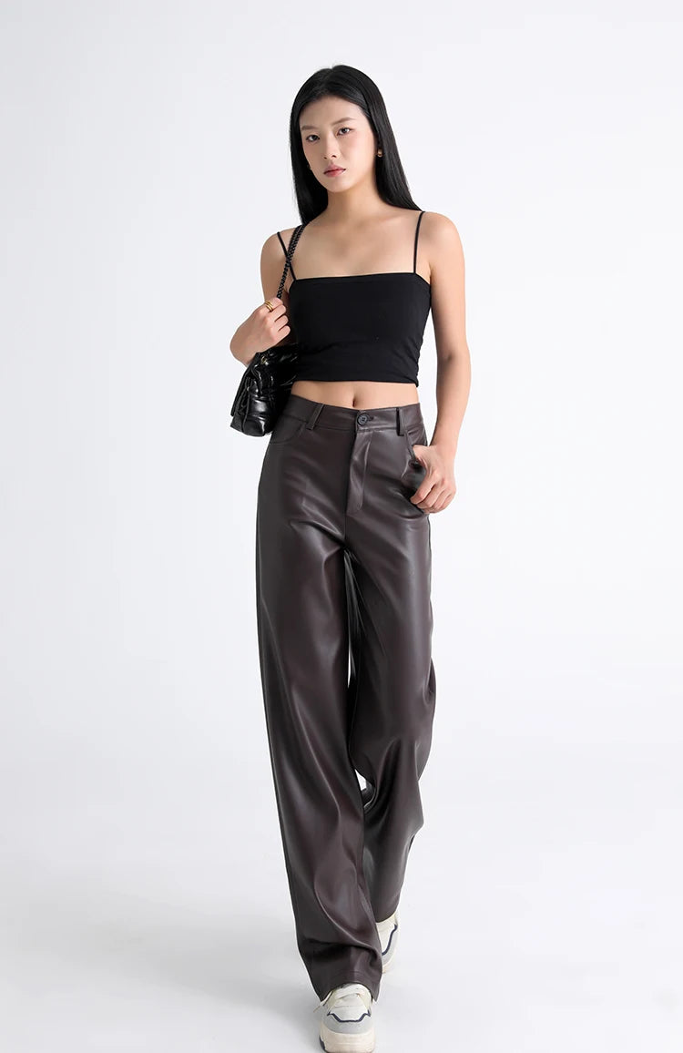 Fall Winter Fleece Loose Wide Leg Leather Pants