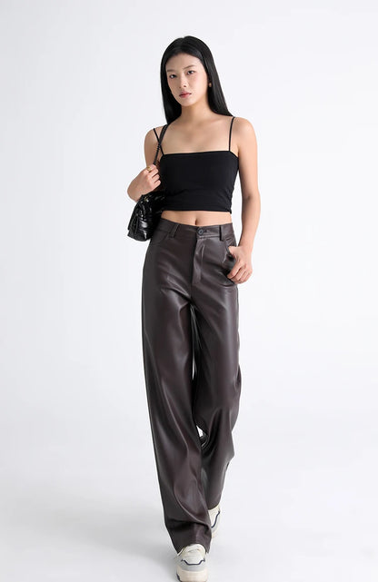 Fall Winter Fleece Loose Wide Leg Leather Pants