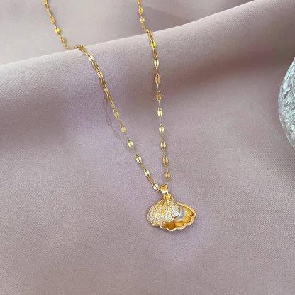 Openable Shell Pearl Necklace Rhinestone Jewelry