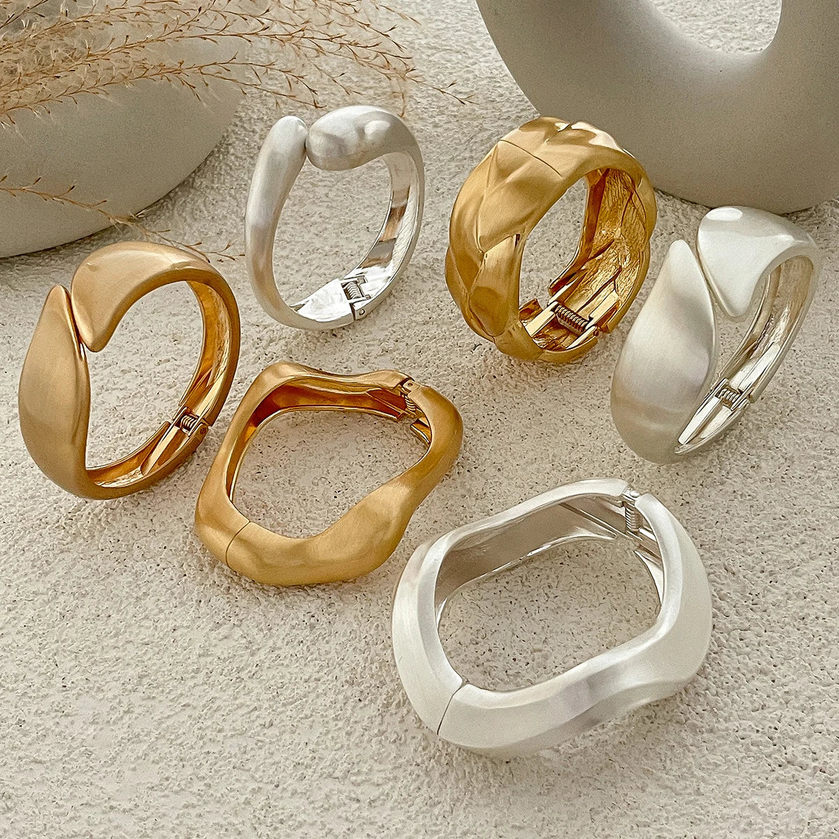 Matte Gold Wave Water Drop Wide Cuff Bracelet